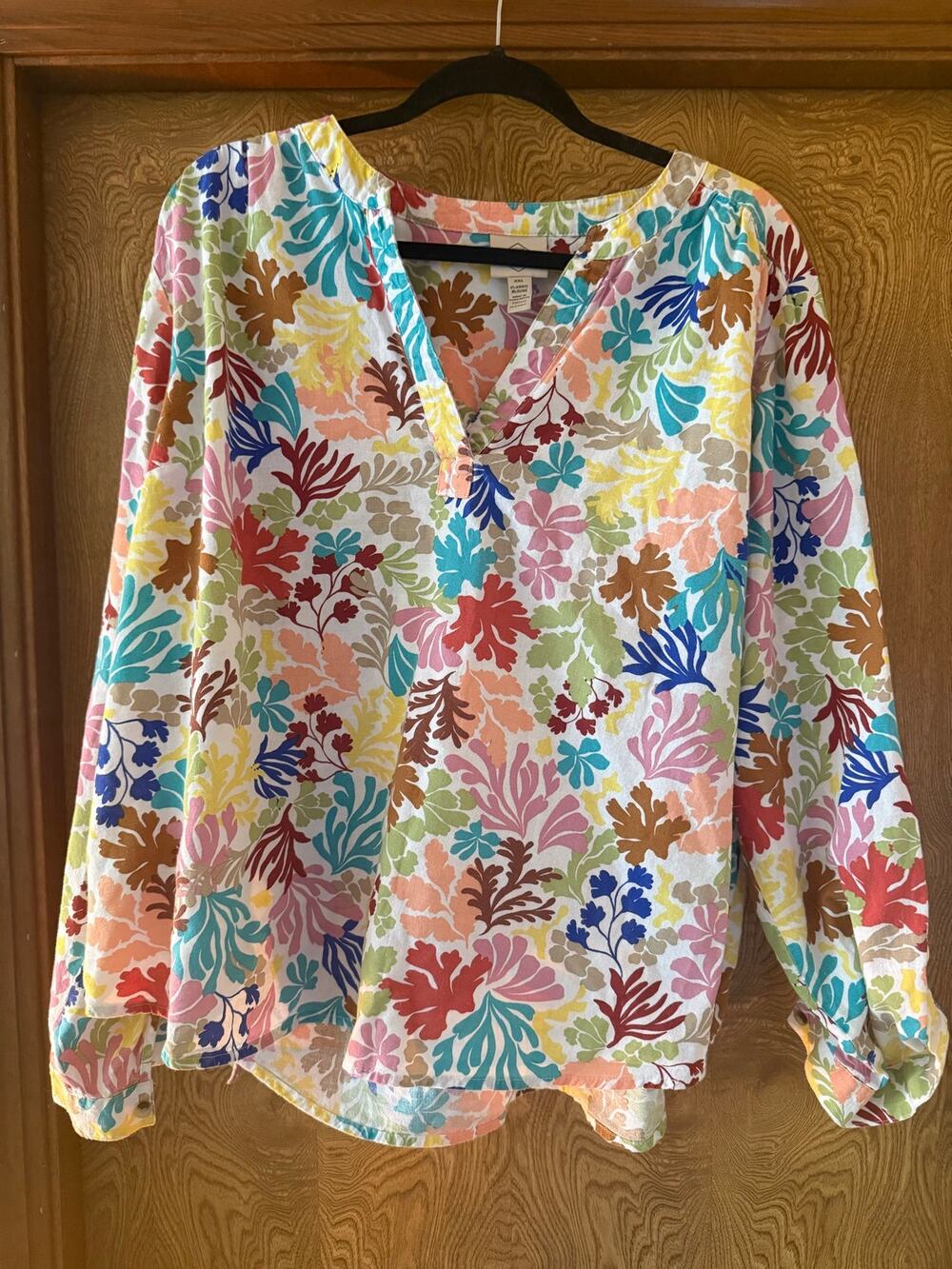 St Johns Bay V Neck 3/4 Sleeve Blouse Women's XXL Floral Print Tropical